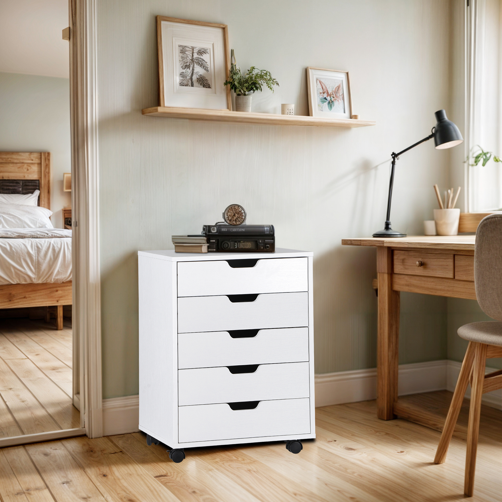 5 Drawer Dresser Rolling Clothing Storage Chest Beside Wall Mobile Store Clothes