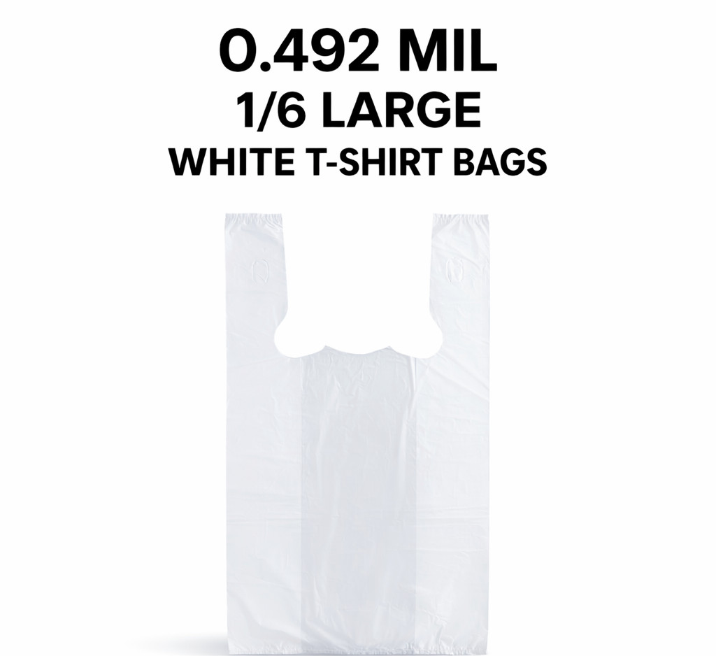 1/6 Large White T-Shirt Shopping Grocery Bags 21×6.5×11.5 0.492 Mil Bulk