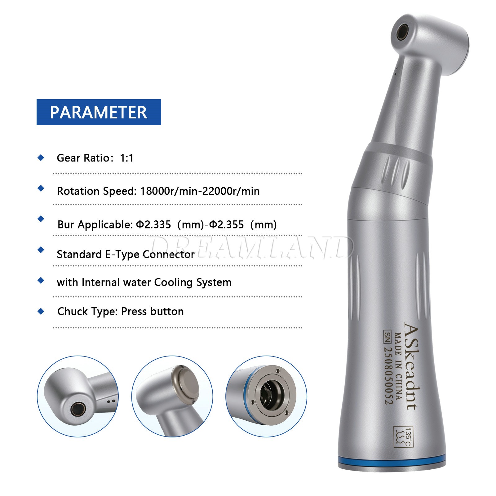 ASkeadnt Low Speed Handpiece 1:1 Inner Channel Contra Angle Max40, 000rpm