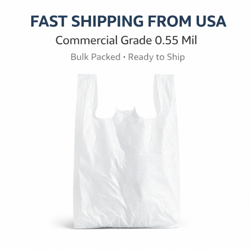 8x4x15 White T-Shirt Grocery Bags 0.55 Mil HDPE Plastic 1/10 Small Bulk