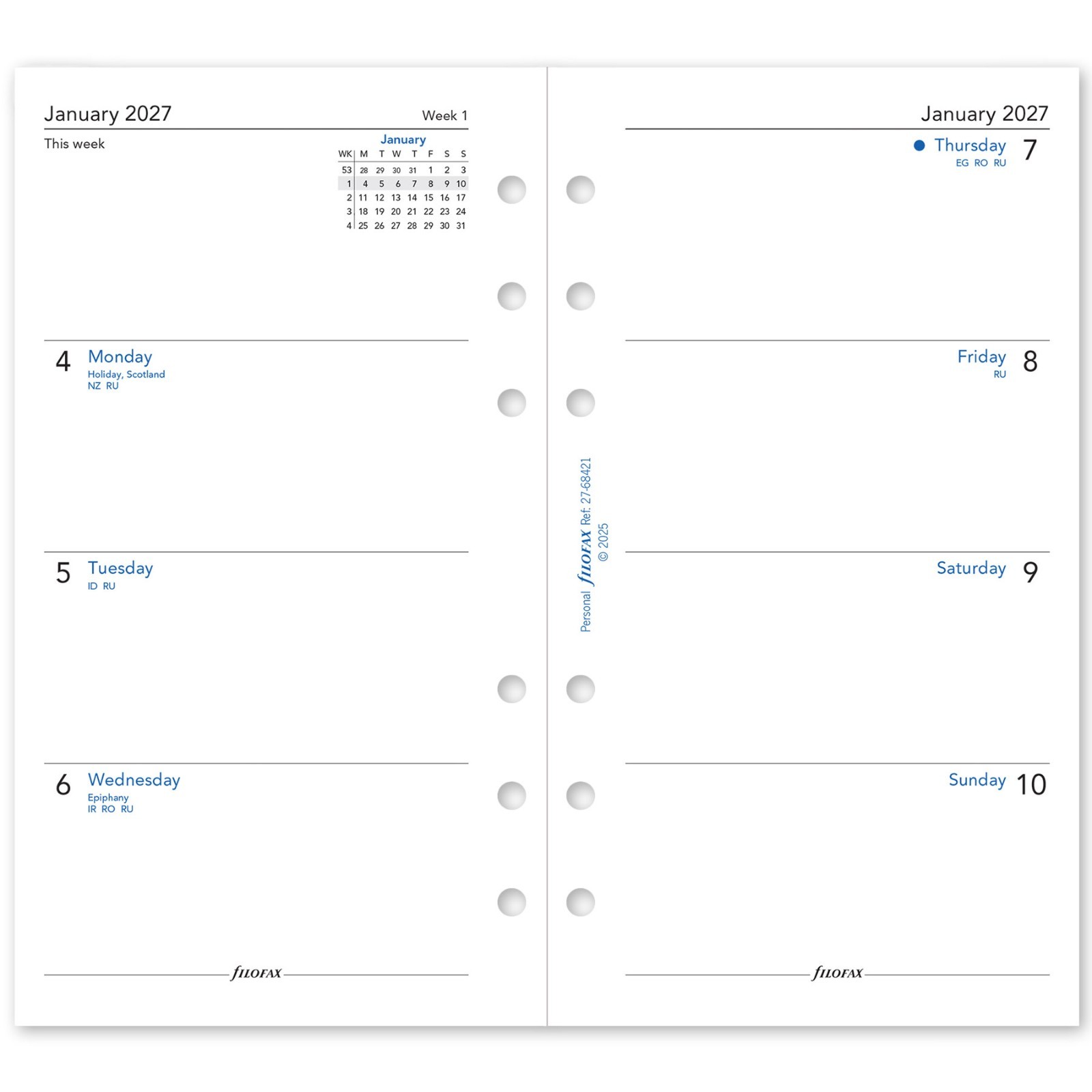 2025 Filofax Personal Size Refill 25-68421 Week on Two Pages, 95mm x 171mm