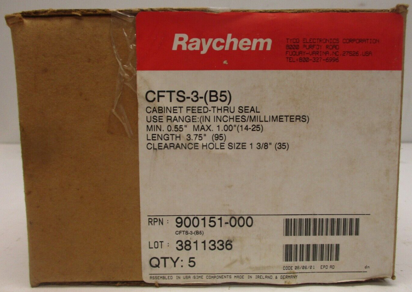 RAYCHEM CFTS-3-(B5) CABINET FEED-THRU SEAL MIN 0.55″ MAX 1.00″ LENGTH 3.75″