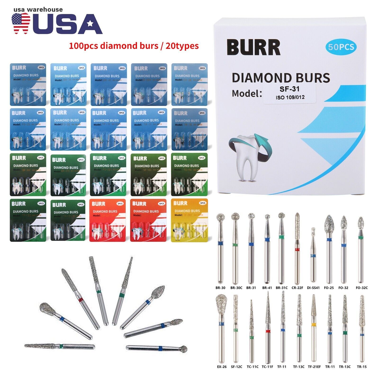 Dent Diamond Burs for fit High Speed Handpiece Medium FG 1.60mm 20 fixed types