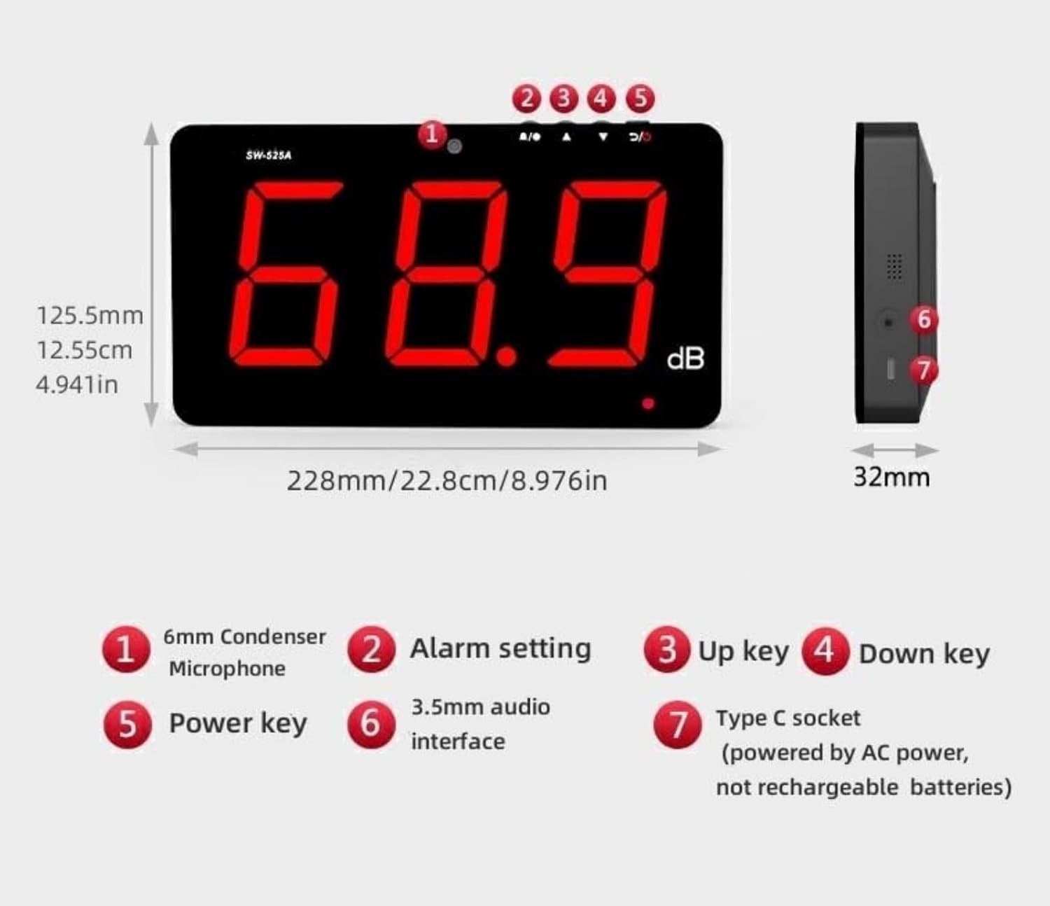 SW-525A Sound Level Meter Tester 30-130db Large Screen Red LCD Display Wall H…