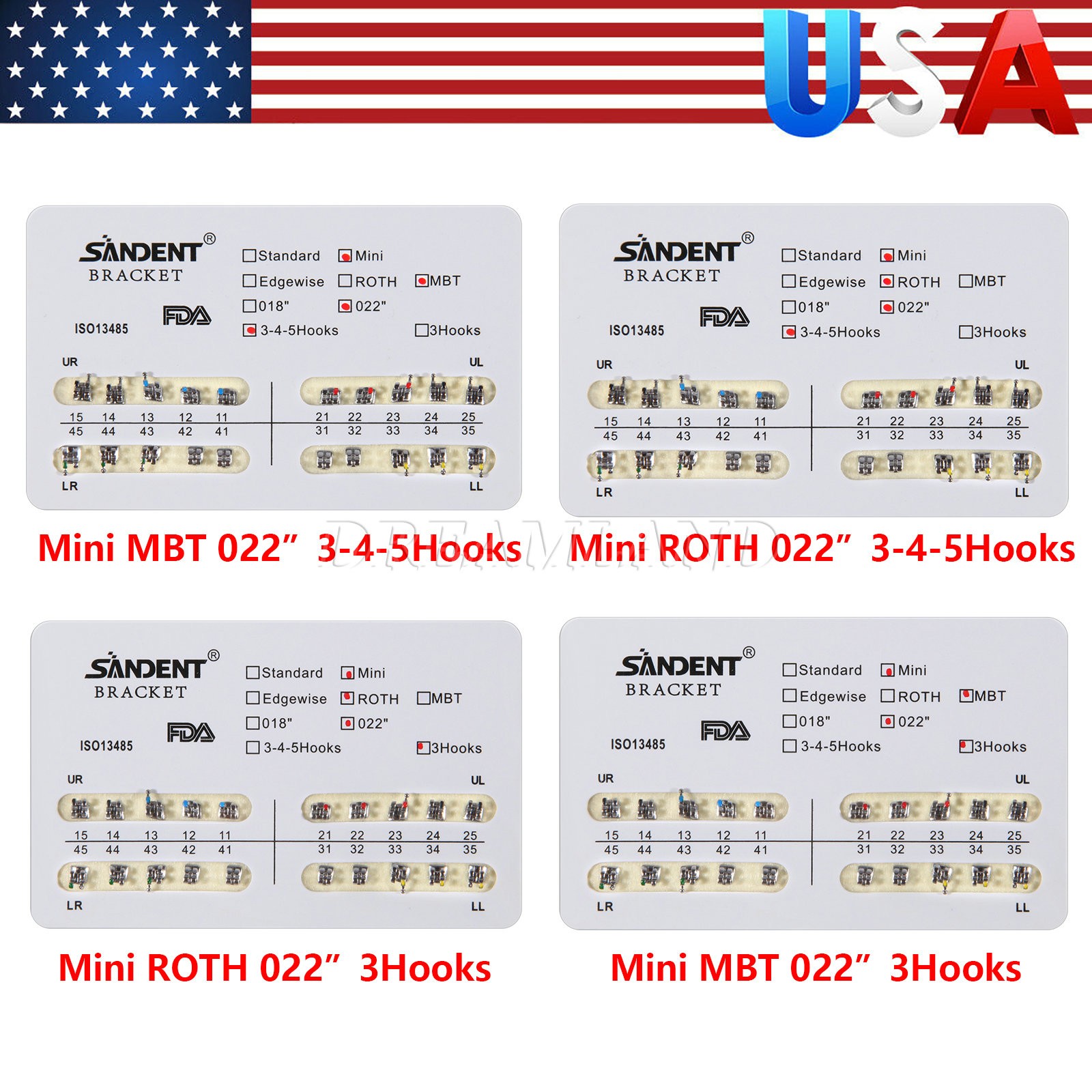 1-10 Kits Dental Orthodontic Bracket Braces Mini Roth/MBT 022 345/3 Hooks mx