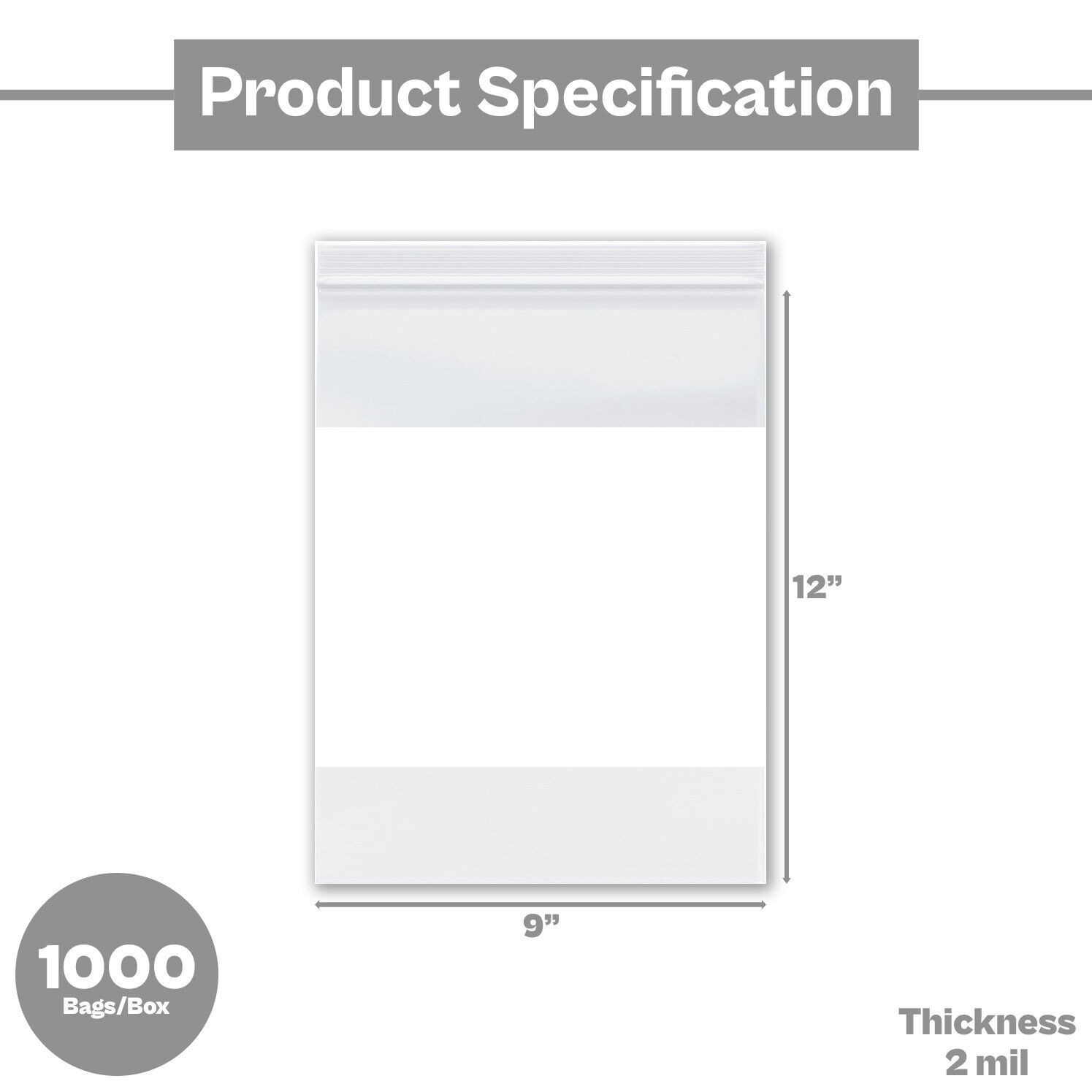 1000 Pcs 9″x 12″ 2 Mil Reclosable Bag Writeable White Block Water-Resistant