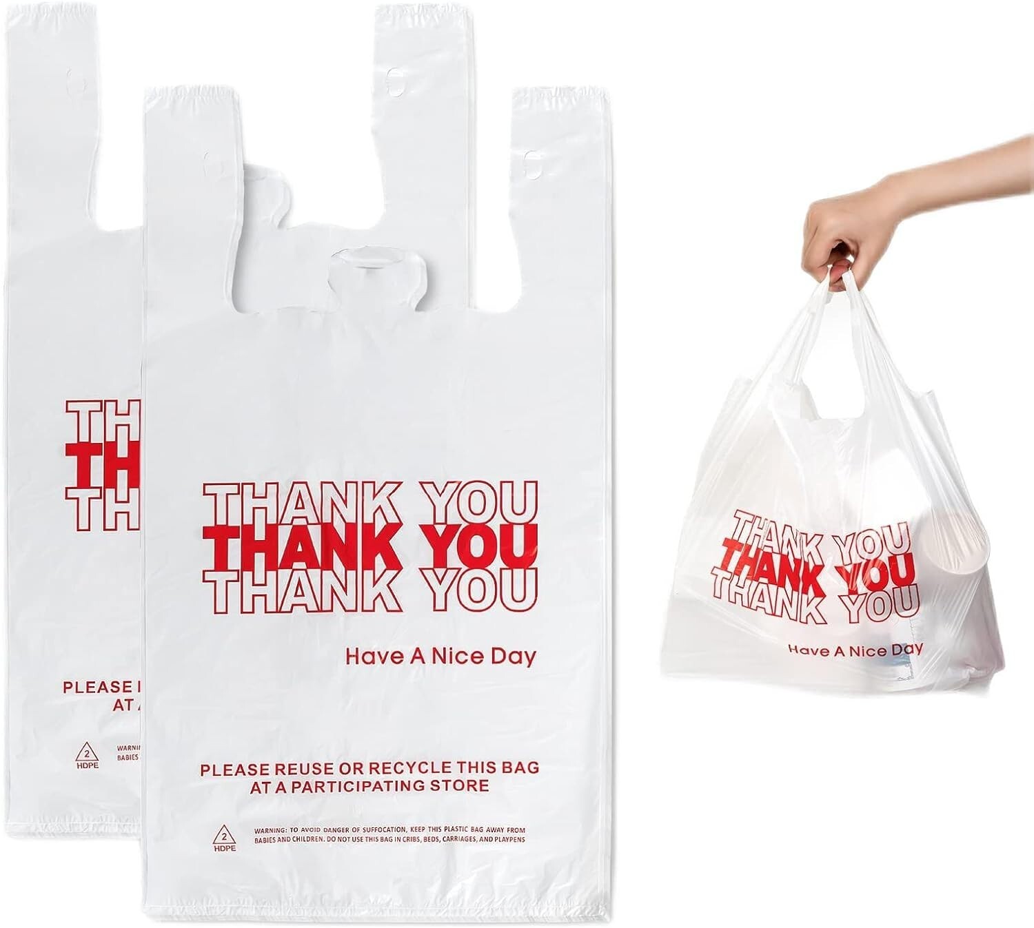 Bags 1/6 Large 21 x 6.5 x 11.5 “Thank You” T-Shirt Plastic Grocery Shopping Bags