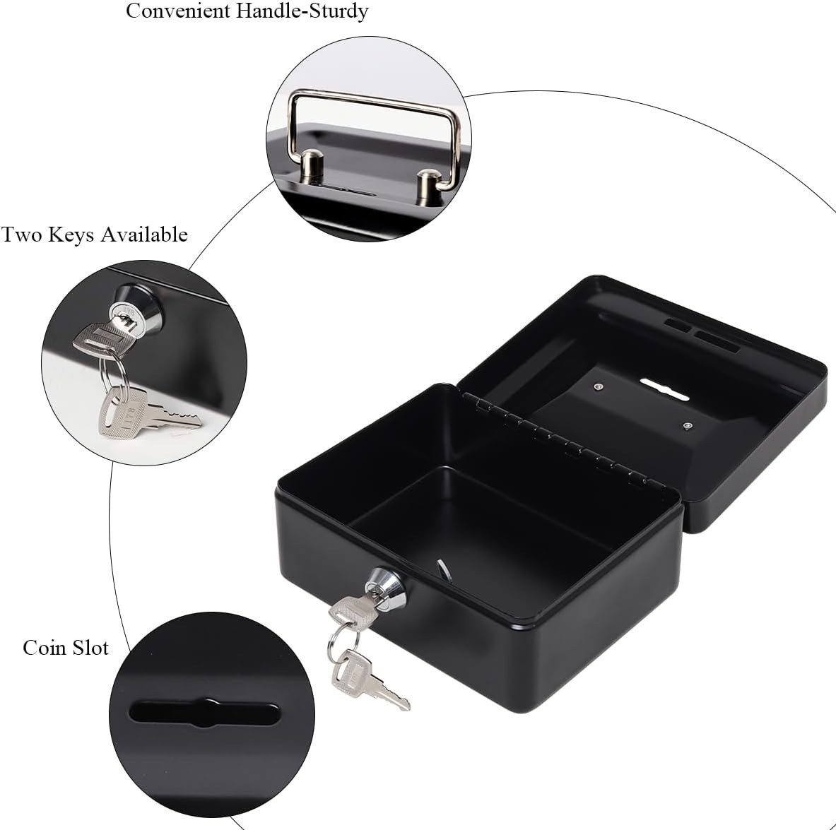 Compact Black Metal Lock Cash Box for Secure Storage – 5.91 x 4.72 x 2.95 in.