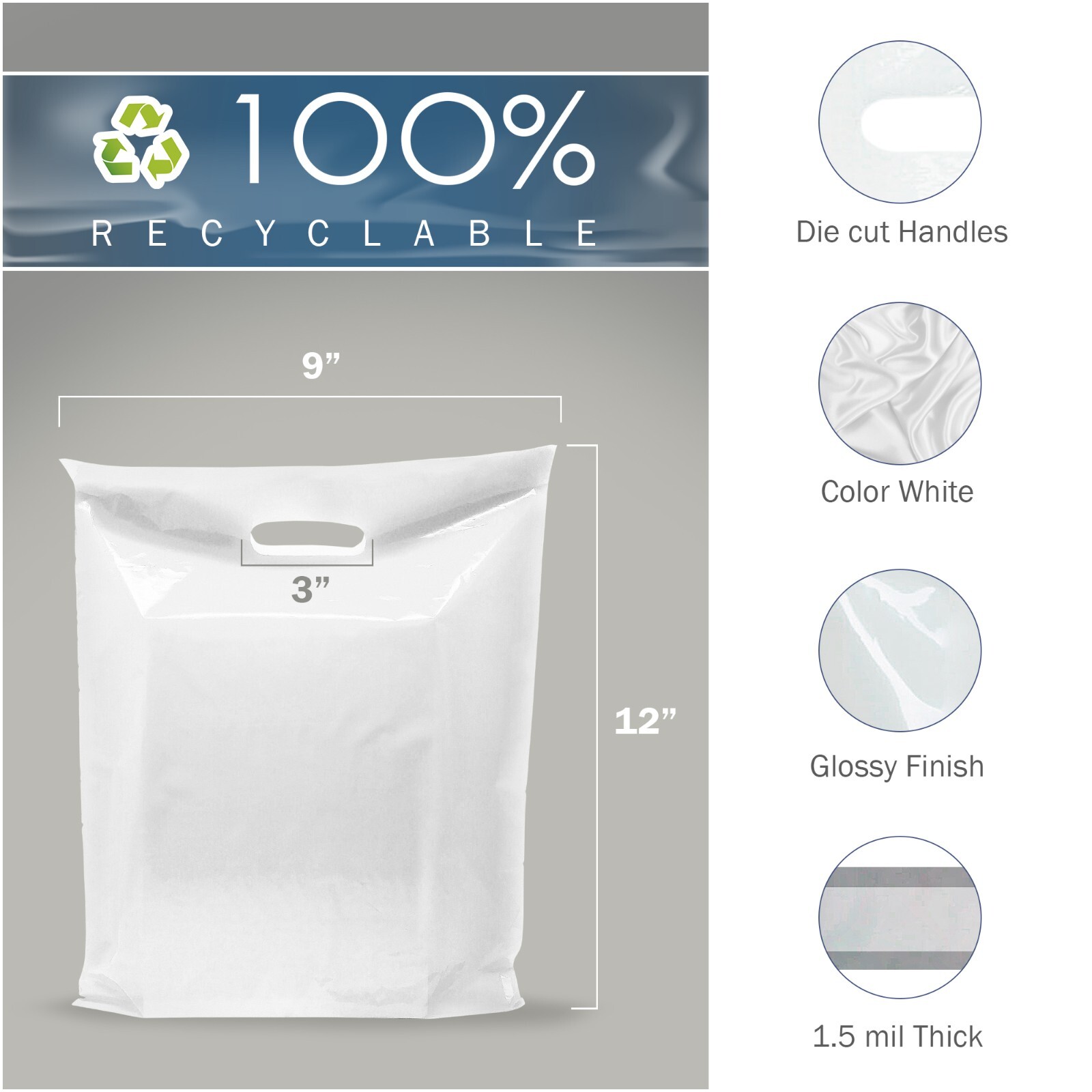 White Merchandise Plastic Shopping Bags – 100 Pack 9″ x 12″ with 1.5 mil Thick