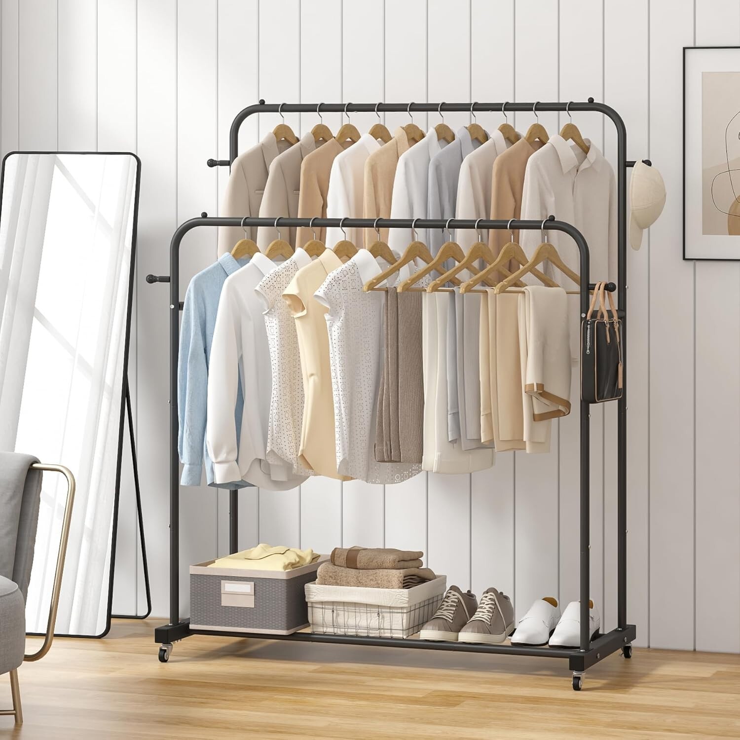 Modern Freestanding Clothes Organizer with Wheels and Dual Rods – Sleek Black