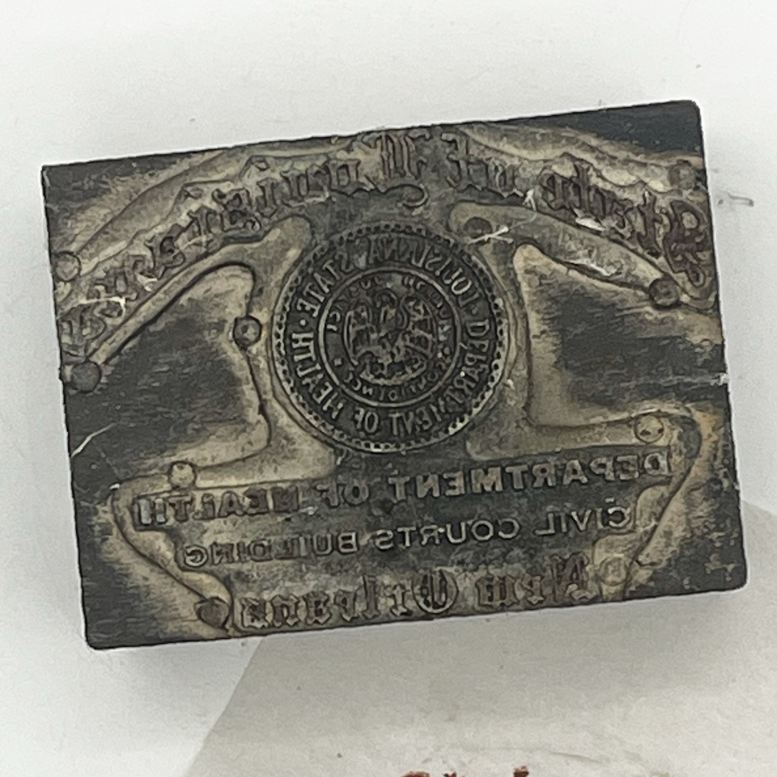 Letter Press print Block Louisiana Health Dep Nola VTG Seal 2 X 1 1/2inch