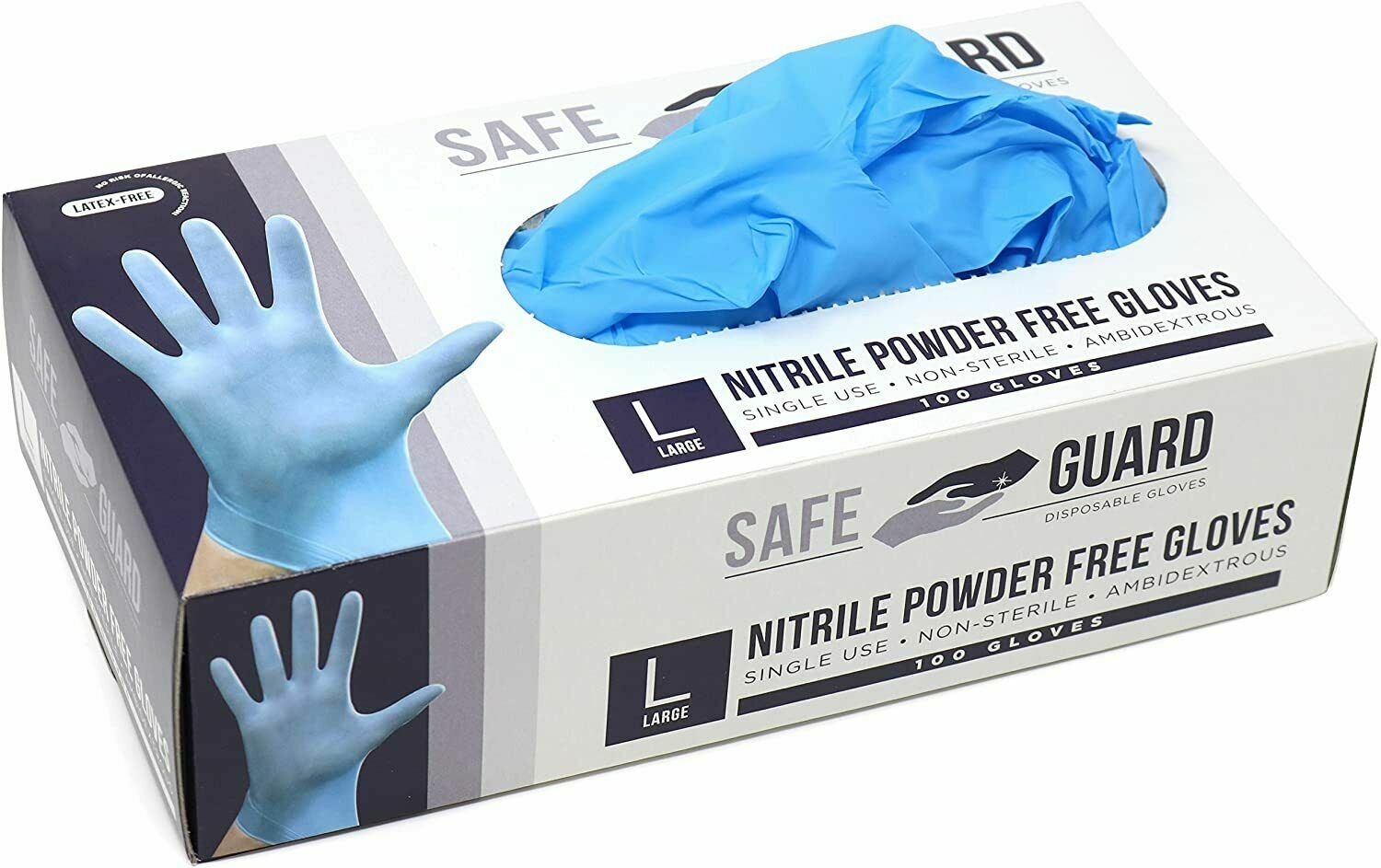 Safe Guard 100/box Blue Nitrile Gloves Powder & Latex Free Exam Grade Gloves