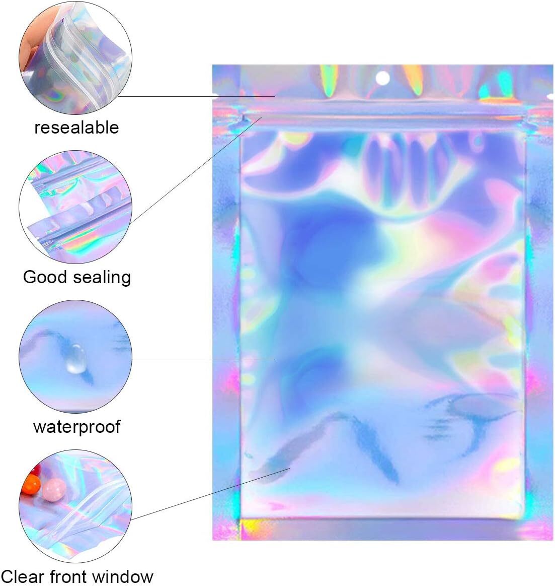 100-400 Smell Proof Mylar Bags Holographic Resealable Food Ziplock Foil Pouches