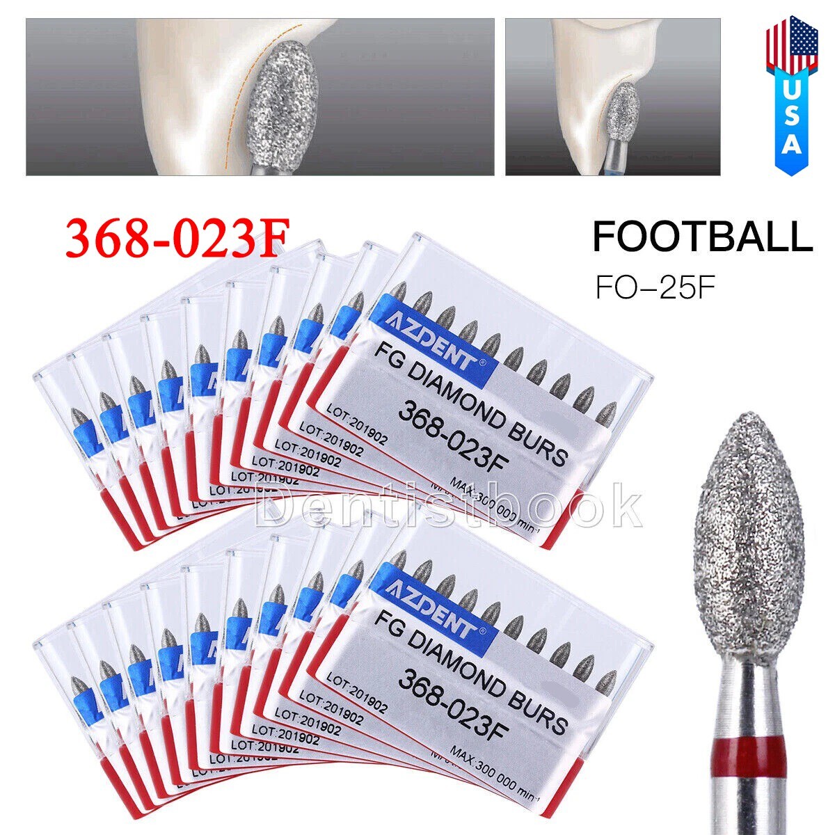 AZDENT Dental Handpiece Diamond Burs Super Coarse Football Cutting 368-023F