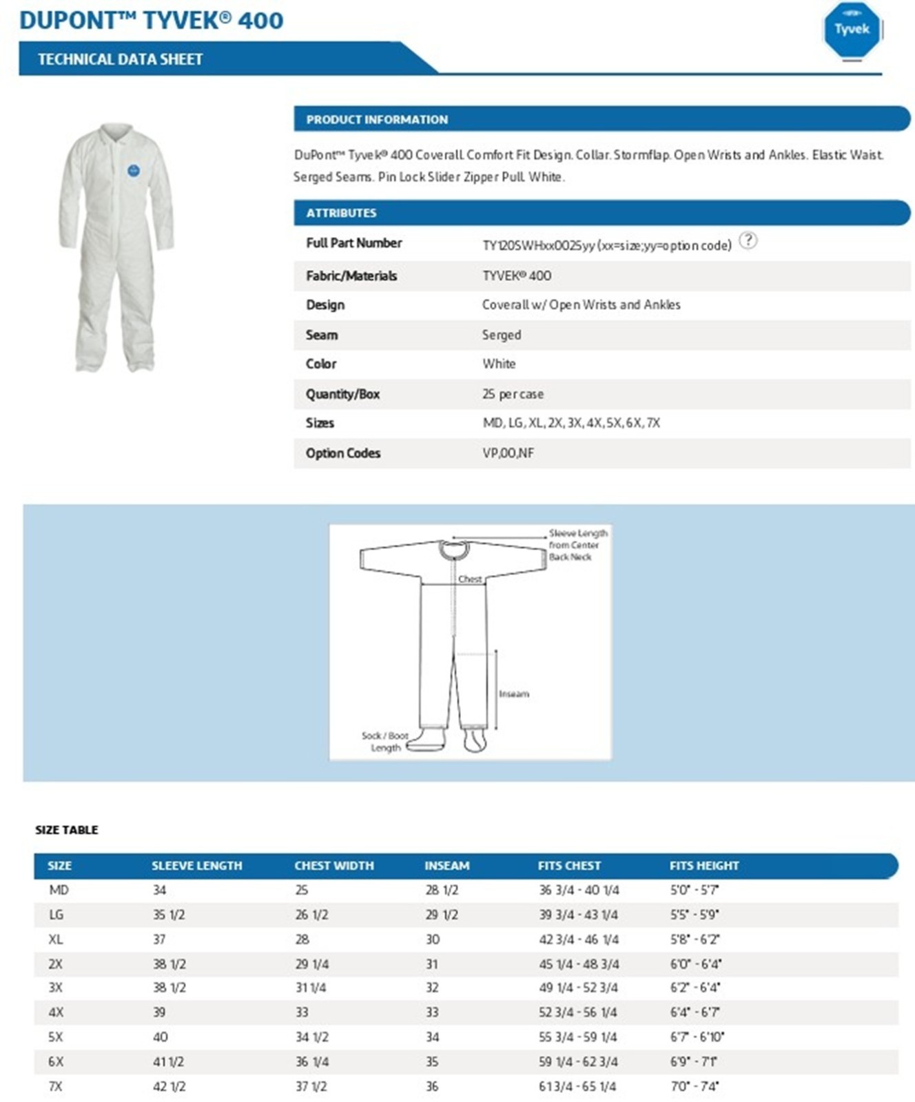 Dupont Tyvek 400 Disposable Protective Coverall Case 25 TY120/122/127SWH2500