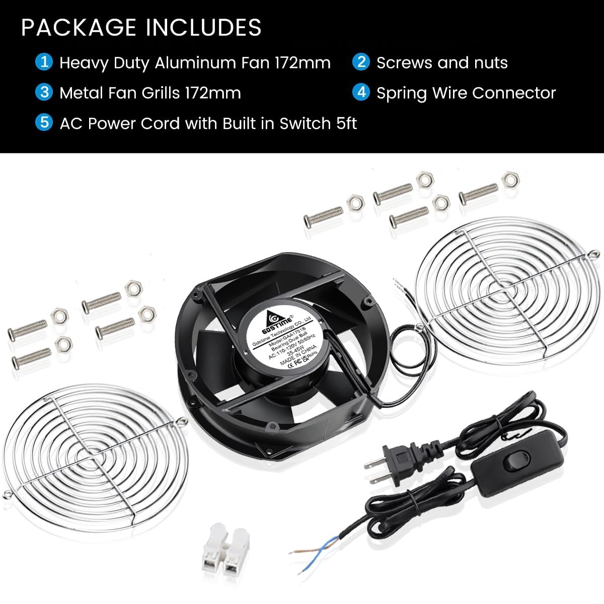 Quiet Operation 172mm Cooling Fan – 58 dB for Industrial & DIY Applications
