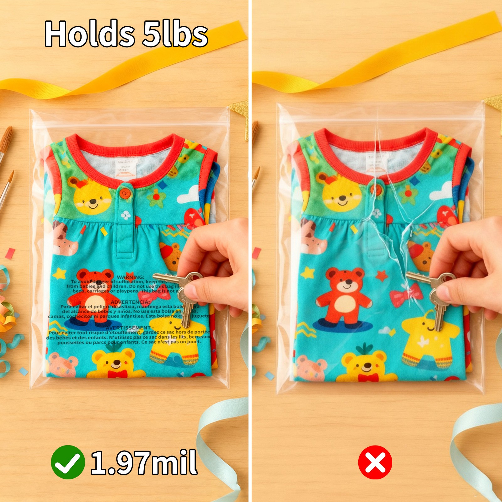 Clear Bags Resealable with Suffocation Warning Poly OPP Cello Merchandise Bags