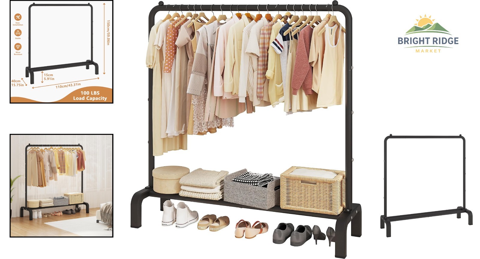 Stylish Black Clothing Rack with Bottom Shelf for Efficient Garment Organization