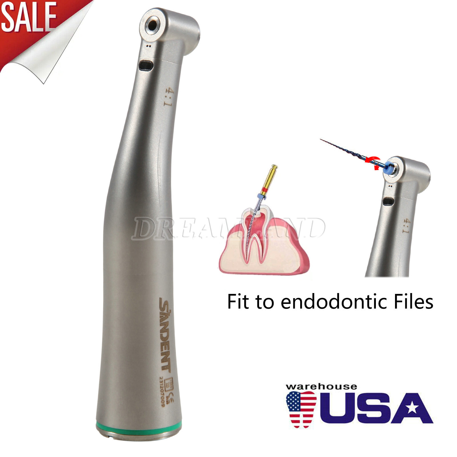 Dental 4:1 LED Fiber Optic Contra Angle Handpiece Quattro Spray Internal Channel