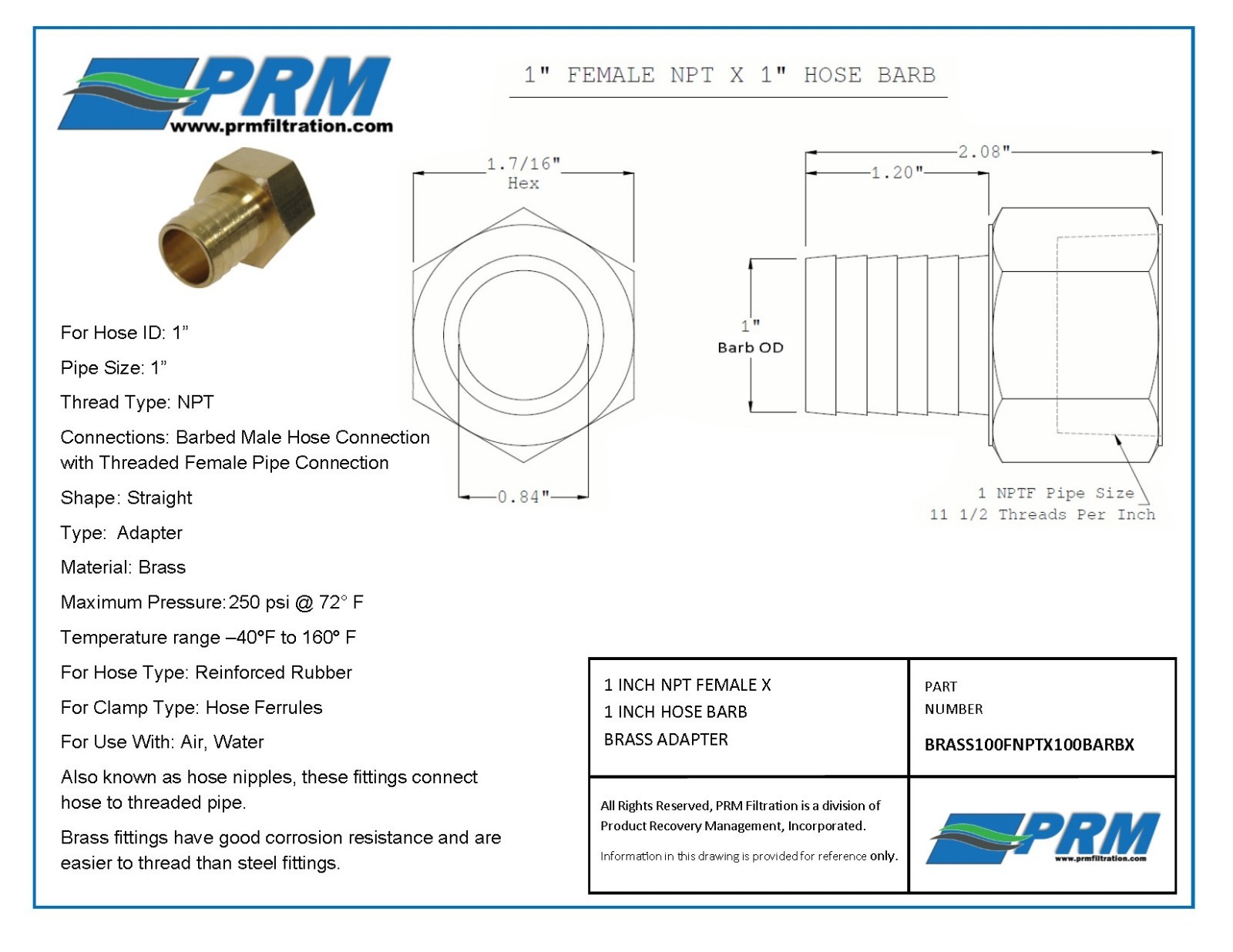 NEW BRASS 1 IN. FNPT X HOSE BARB STRAIGHT FITTING FOR 1 IN. ID HOSE NIB