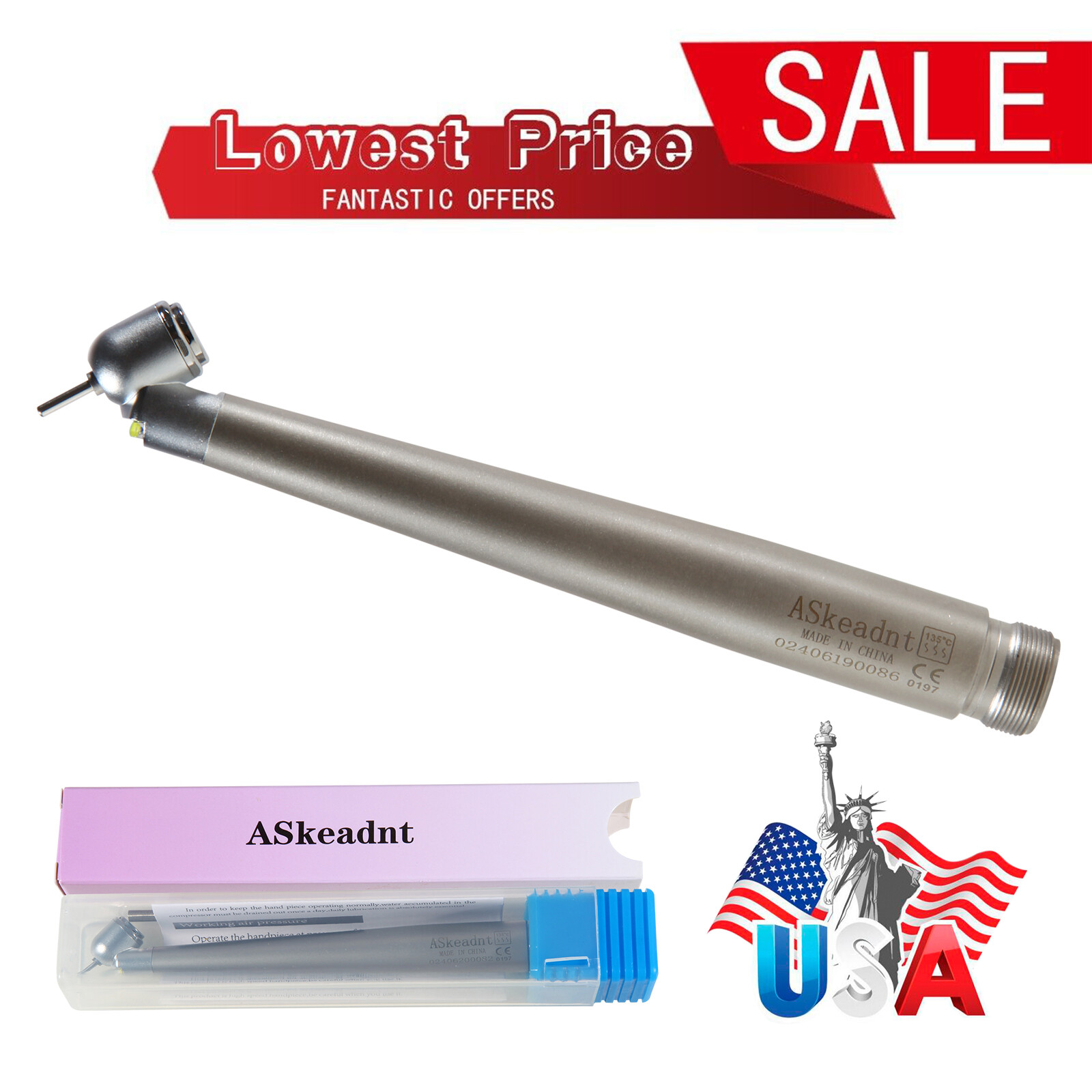 45 Degree Dental LED E-generator 45° Angle High Speed Handpiece 2 Hole ASkeadnt
