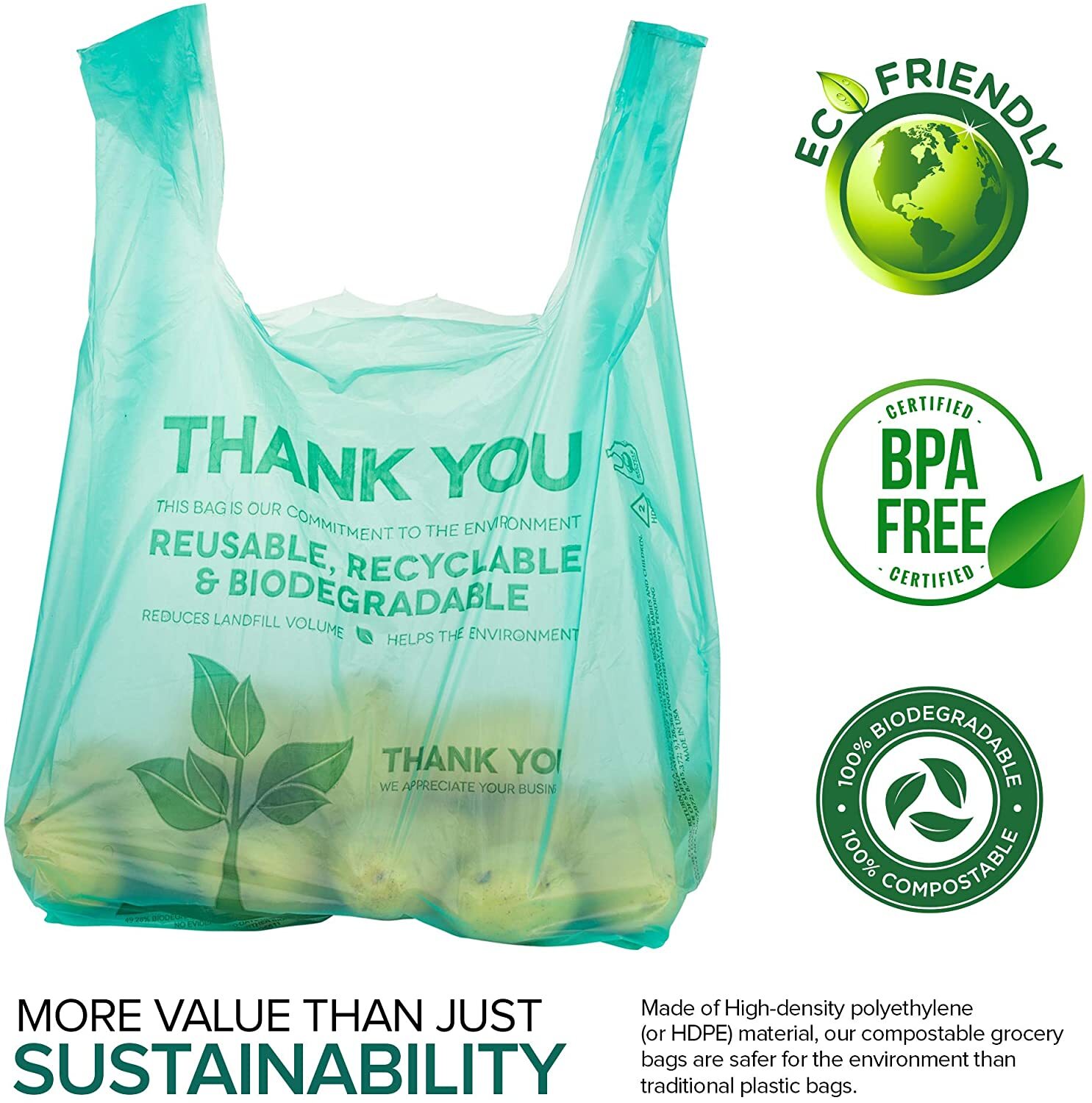 Bags 1/6 Large 22 x 6.5 x 12 Biodegradable T-Shirt Plastic Grocery Shopping Bags