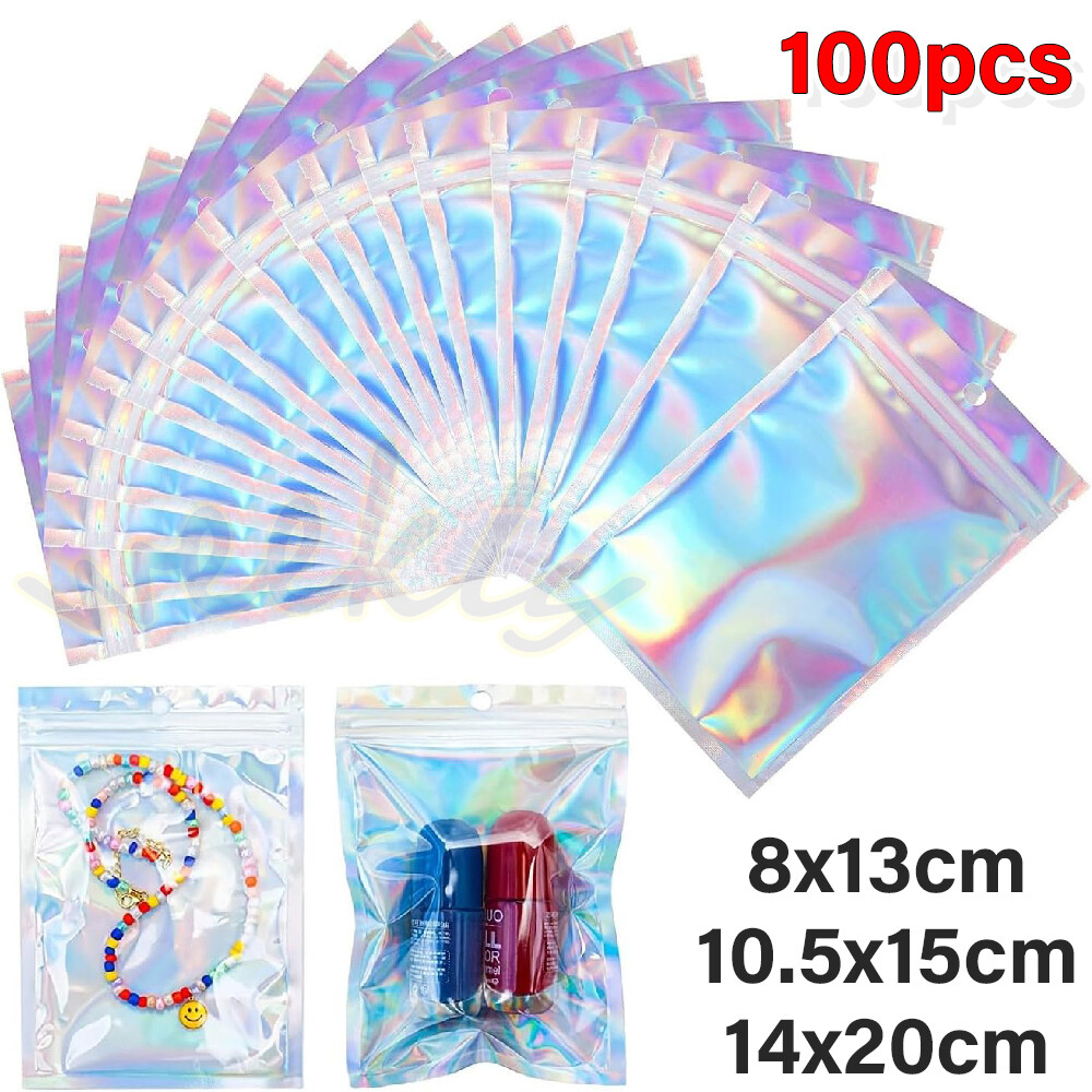 100 Holographic Mylar Foil Bags Smell Proof Resealable Clear Zip Lock Pouch Food