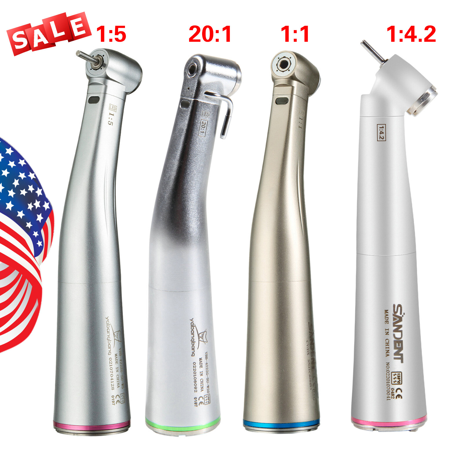 YBB Dental Electric Contra Angle Handpiece 1:1 1:5 45° Surgical Fiber Optic LED