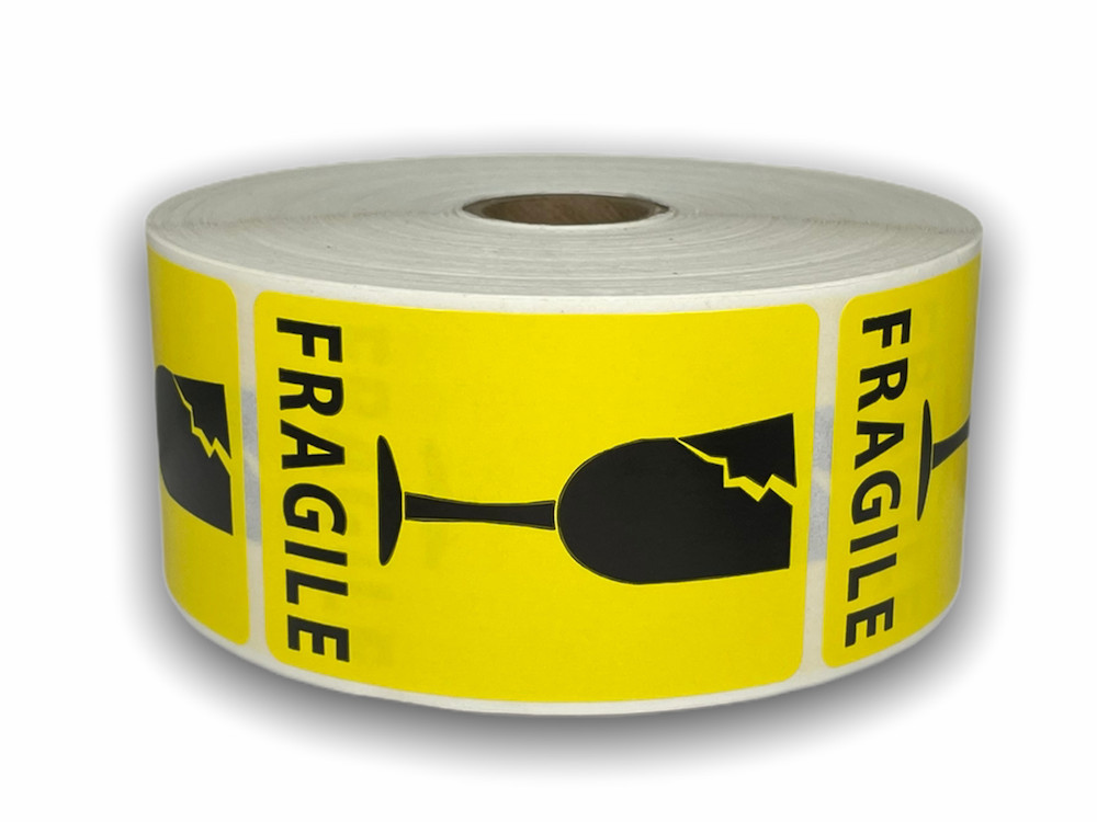 2×3 Fragile Cracked Glass Labels Yellow Shipping Peel & Stick (2) RLS of 500 EA