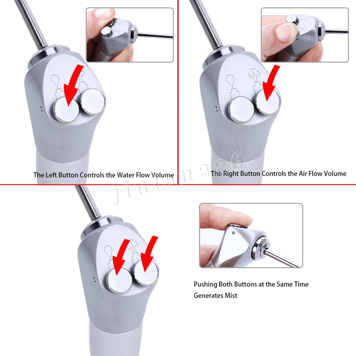 Dental 3 Way Air Water Syringe Triple Spray Handpiece with 2 Nozzles Tips Tubes