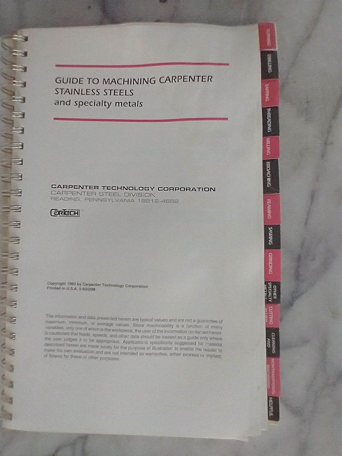 Carpenter Stainless Steel Guide, Titanium Guide, ALCOA Aluminum Manual, CNC