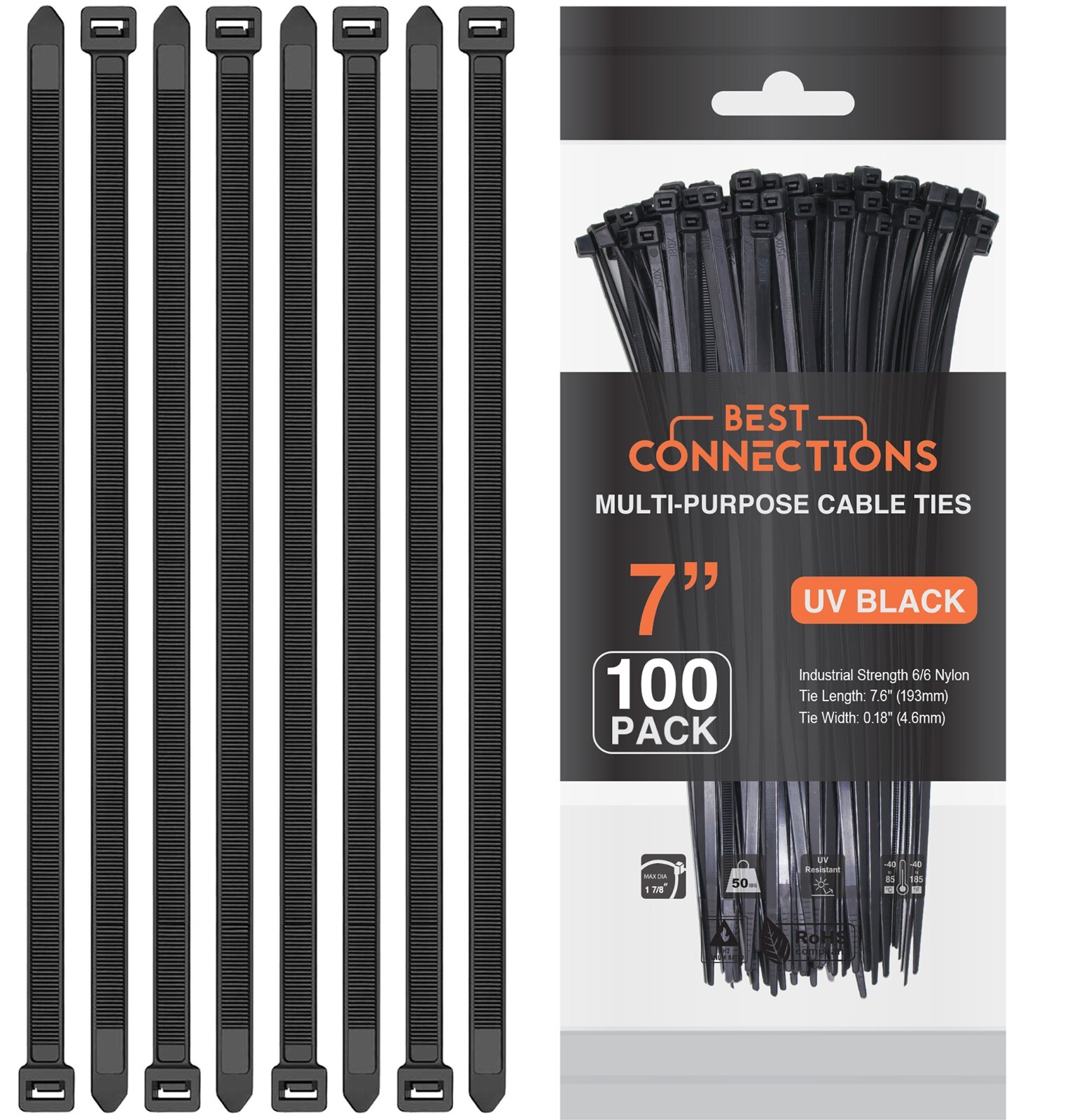 1000 Pieces 7″ Black Nylon Cable Zip Wire Ties Up to 50 Lbs (10 Packs of 100)