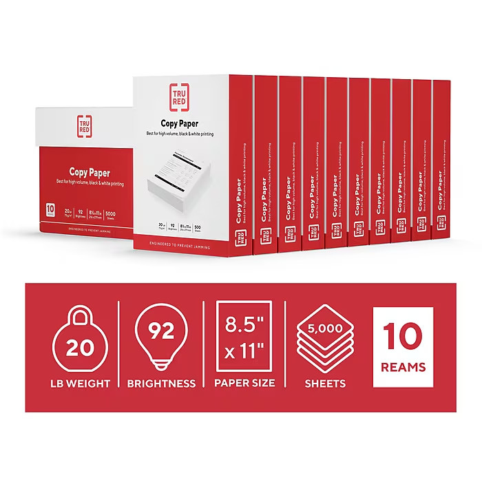 TRU RED Copy Paper 8.5×11 Letter 20lb 92 Bright 500 Sheets White/10-Ream