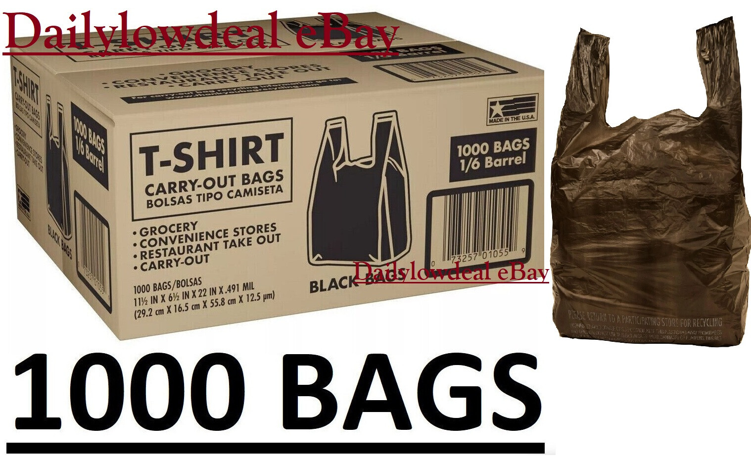 1000 Bags 1/6 Black (21 x 6.5 x 11.5) T-Shirt Plastic Grocery Shopping Bag NEW