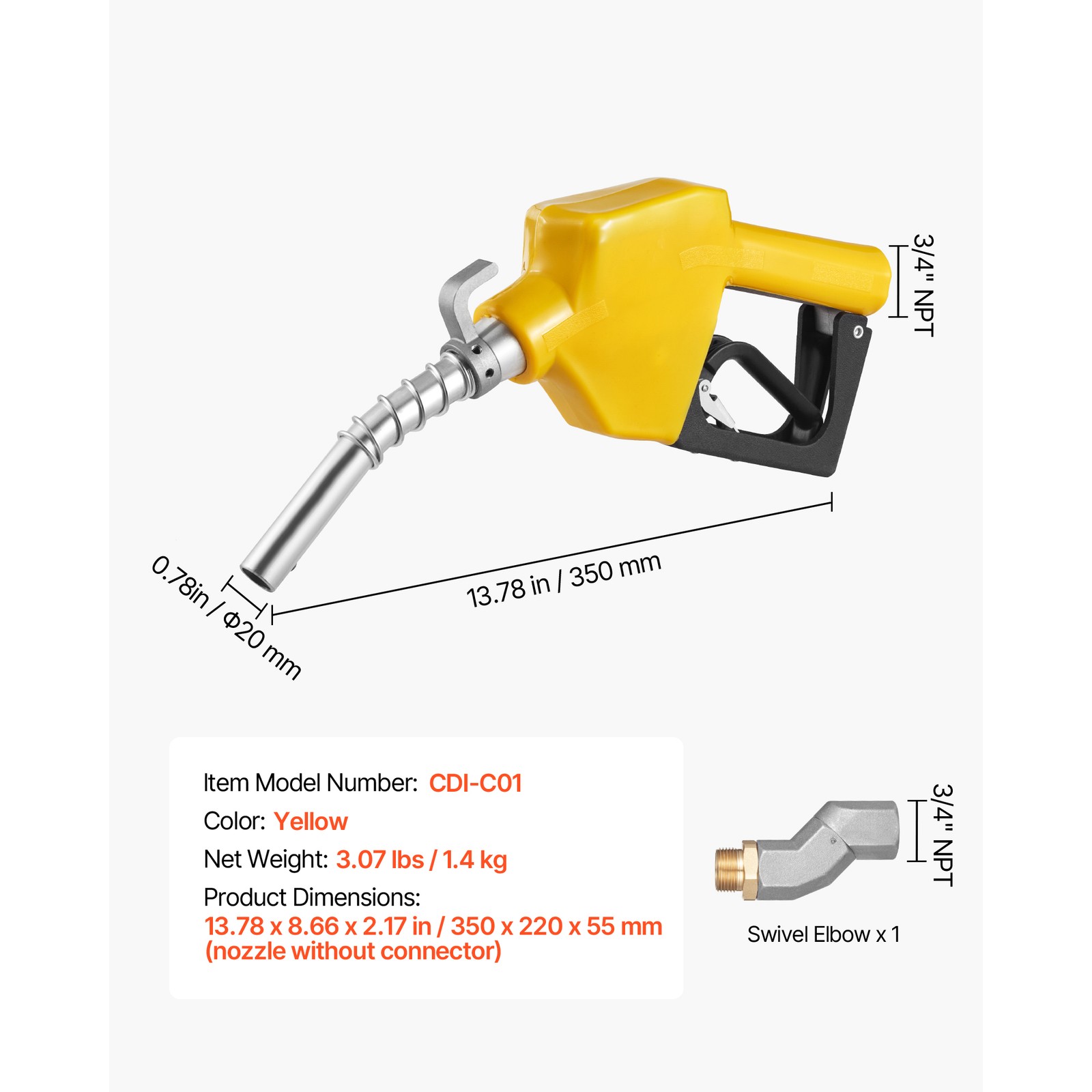 Uimoso 3/4 in NPT Automatic Fuel Nozzle 0.78 in Spout and Auto Shut-Off Feature