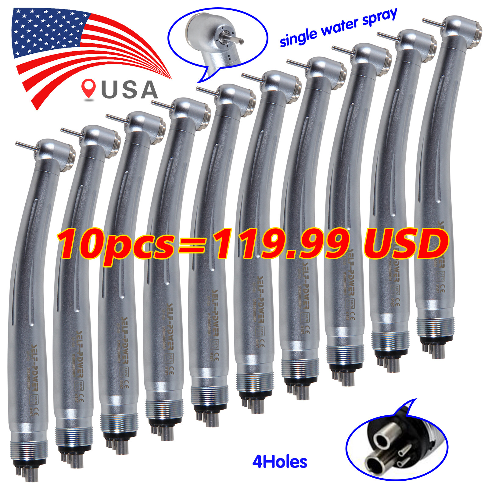 10 packs USA Dental High Speed Handpiece Push Standard Head 4Holes Turbine