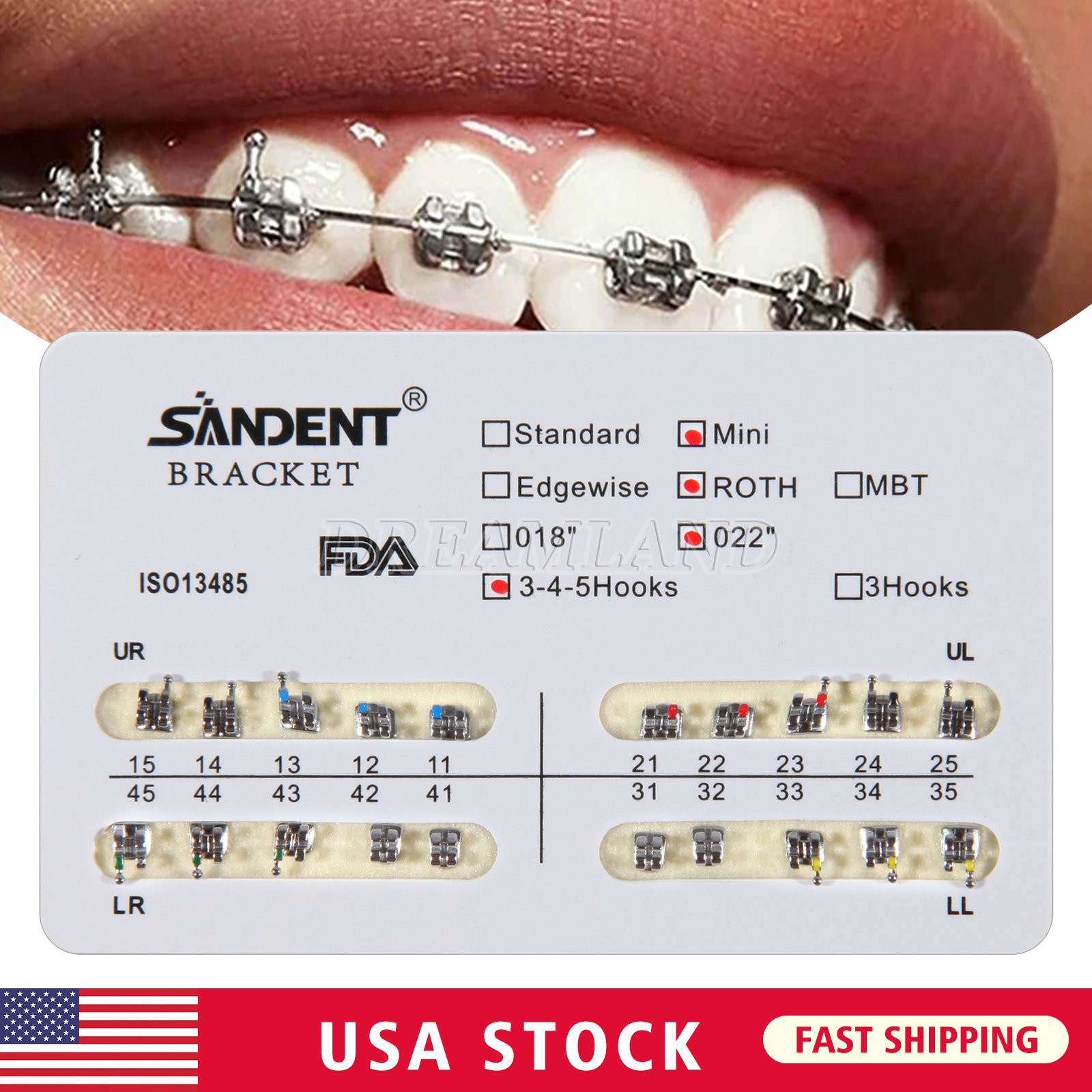 10 Kit Dental Orthodontic Metal Brackets Braces Mini Roth Slot.022 3-4-5 Hooks H