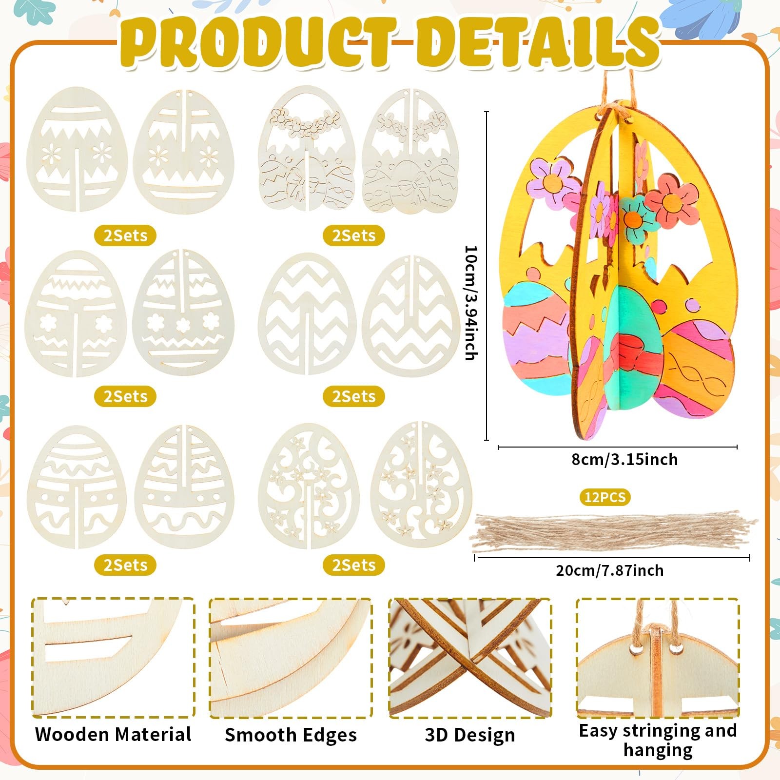 24 Pcs DIY Easter Wooden Ornaments 3D Unfinished Wood Crafts to Paint Easter Han