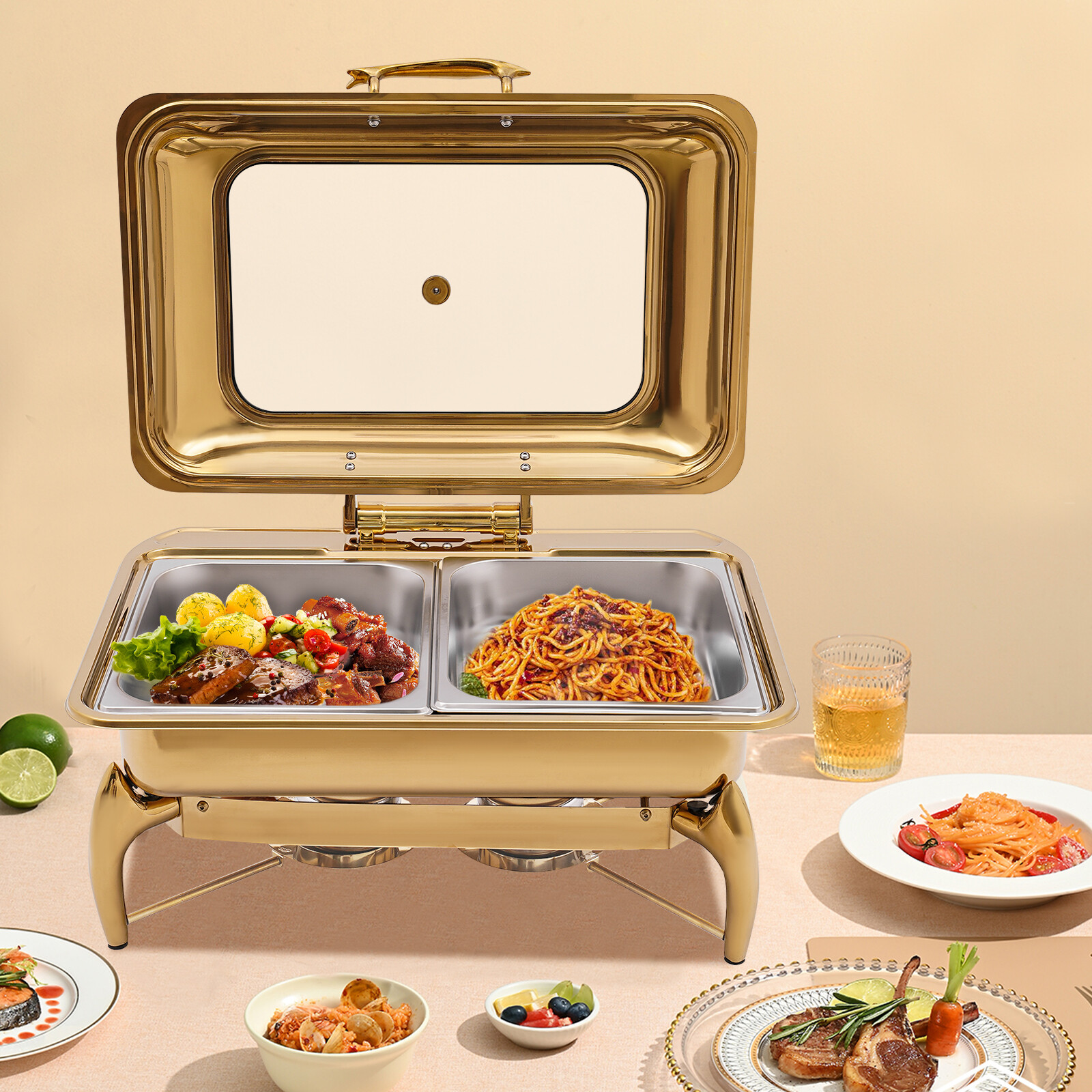Gold 9QT Roll Top Chafing Dish Buffet Set Stainless Steel with Fuel Holder Home