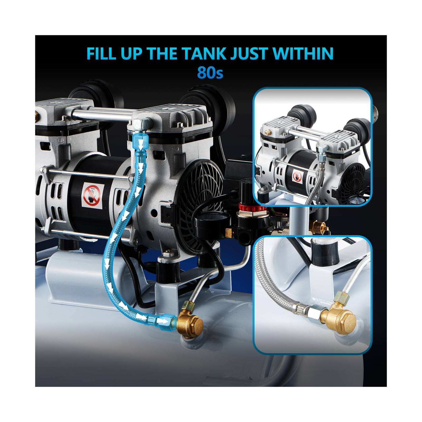 Quiet Air Compressor, Only 68dB, 5 Gallon Steel Tank, 2.8CFM @ 90PSI, Oil-Fre…