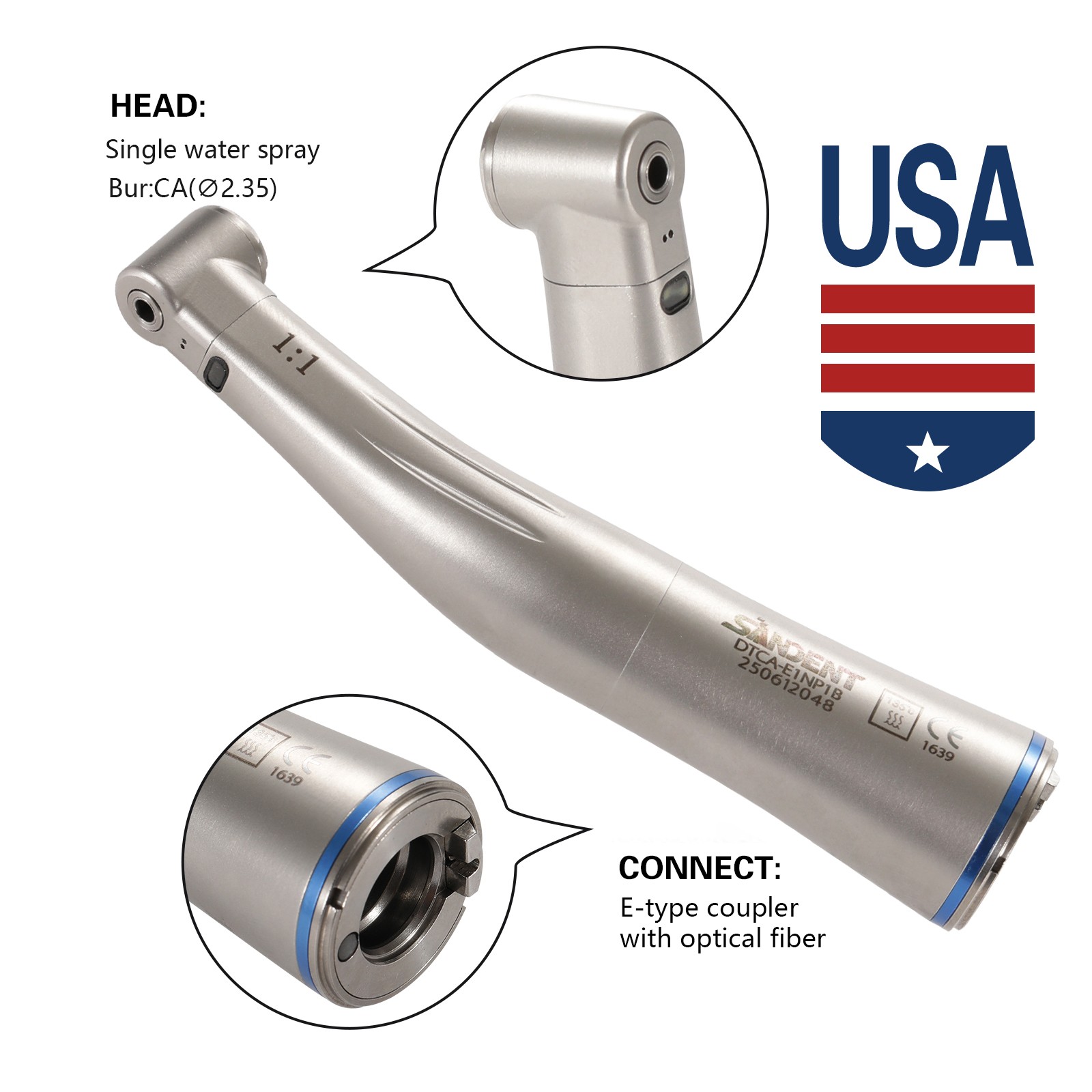 SANDENT Dental 1:1 Fiber Optic LED Contra Angle Handpiece Push Button E-type SA