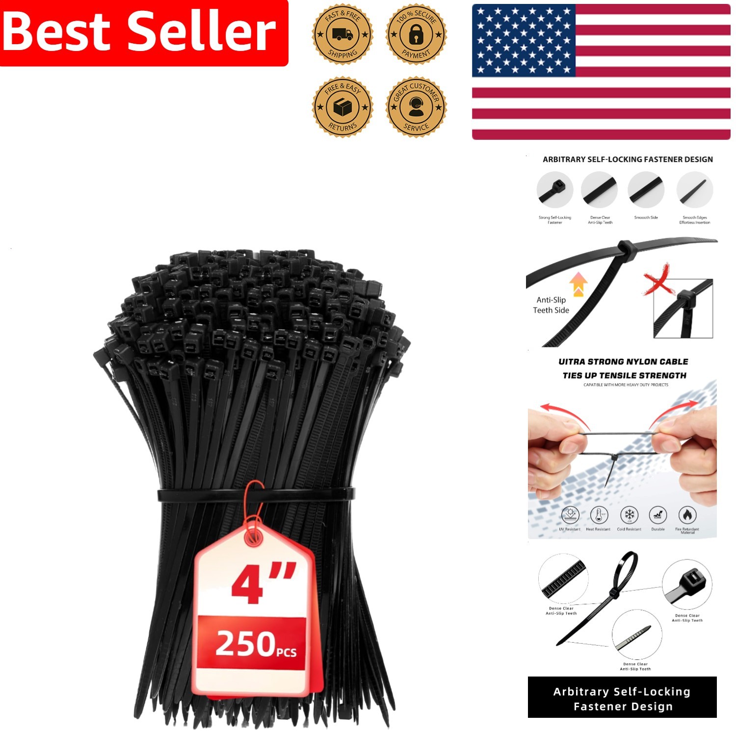 Multi-Purpose Zip Ties 250 Strong 4 Inch Black Nylon Secure Cable Management