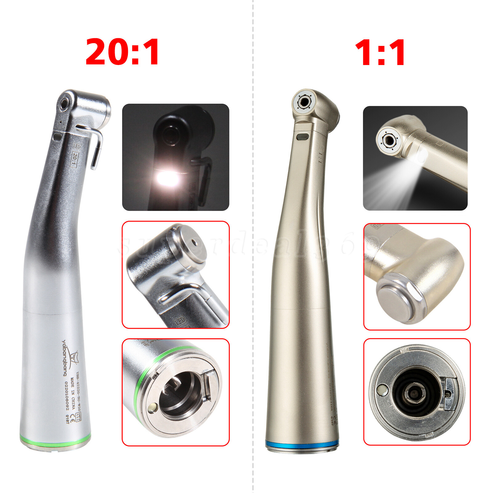 Dental 20:1/ 1:1 Fiber Optic LED Contra Angle Handpiece for NSK E-type Motor MX