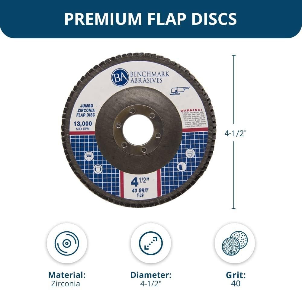Premium Jumbo Zirconia Flap Discs 4.5″ x 7/8″ for Angle Grinder – 40 Grit (10 Pa
