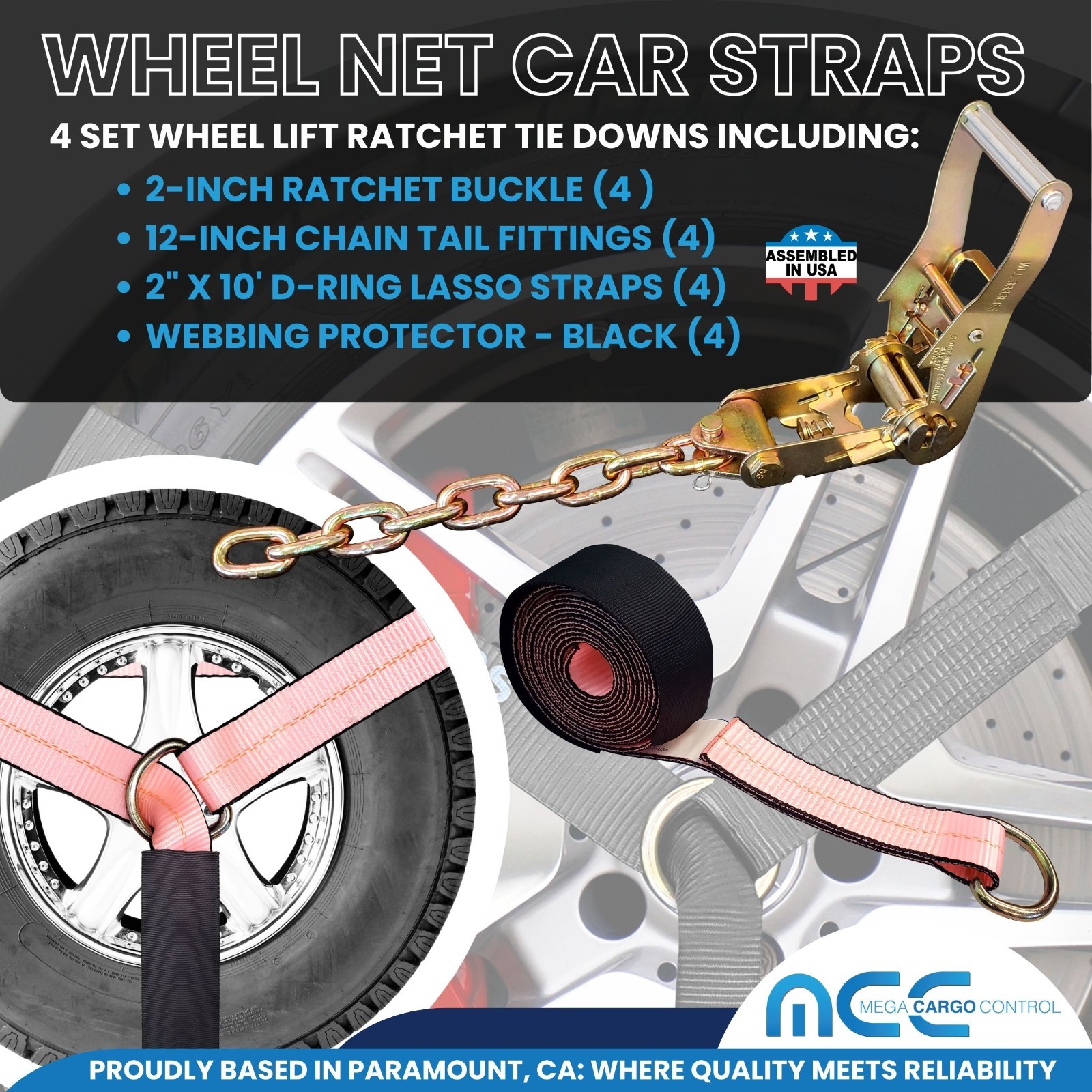 16 Pcs 2″ x 10′ Ratchet Wheel Lift Lasso Strap w/ Chain Extension For Tow Truck
