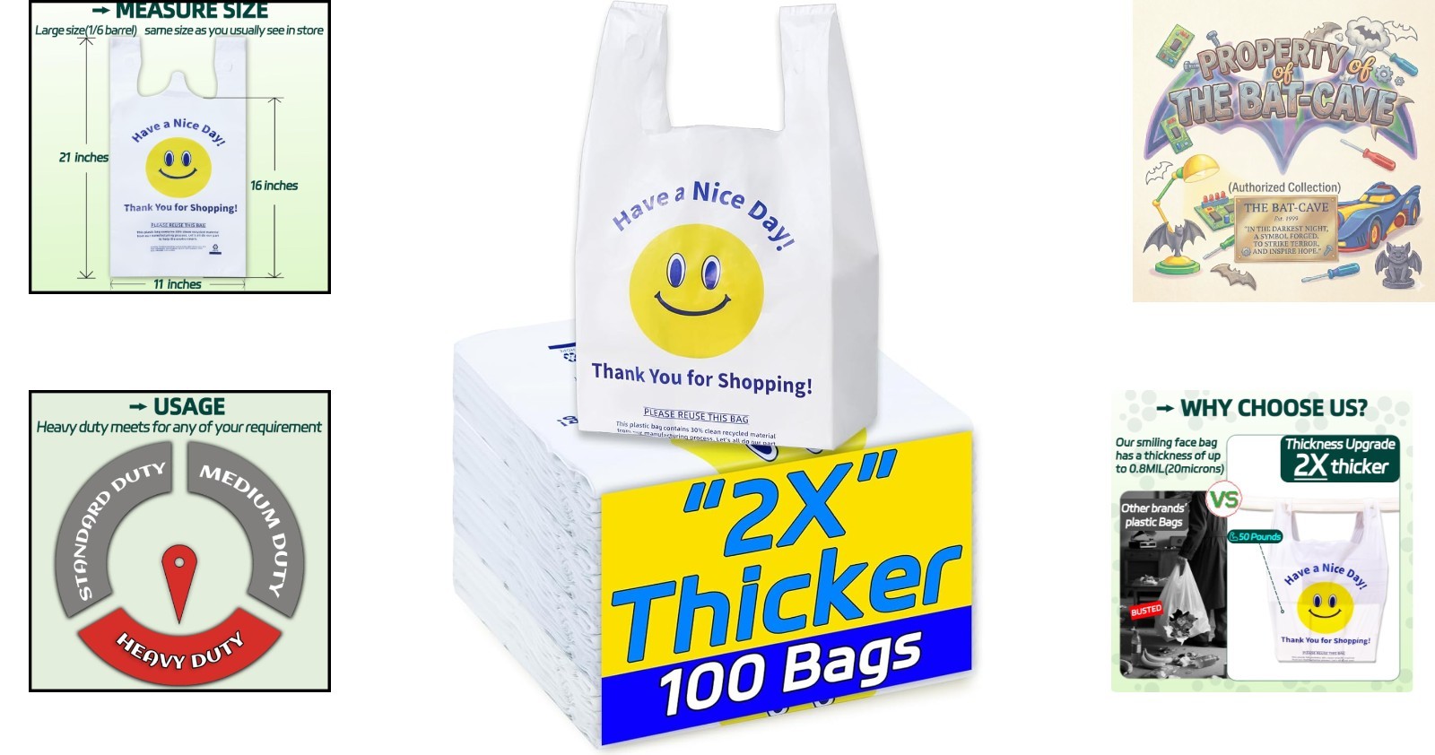 100 Count Large Plastic Shopping Bags with Smiling Face & Tie Handles – 11x6x21