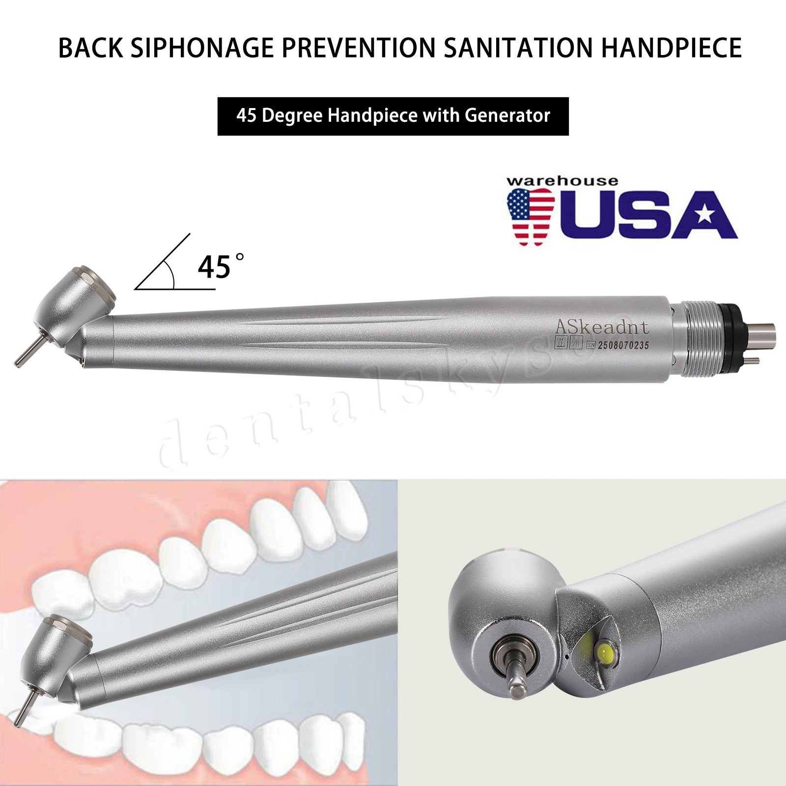 Dental Surgical Handpiece 45° Angle LED Self Power Rear Exhaust 4Hole M4