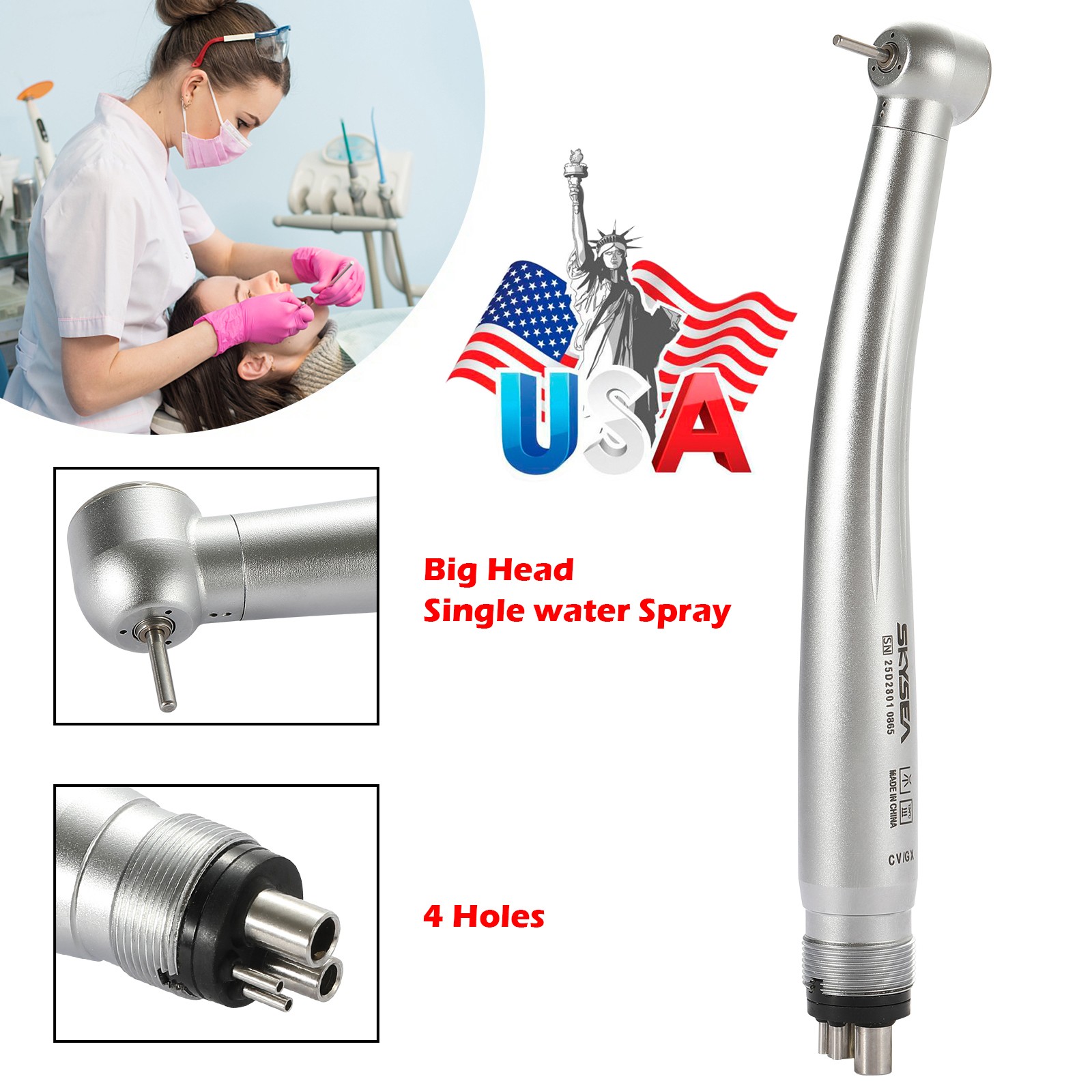 SKYSEA Dental High Fast Speed Turbine Handpiece Big Head 4 Hole Single Spray