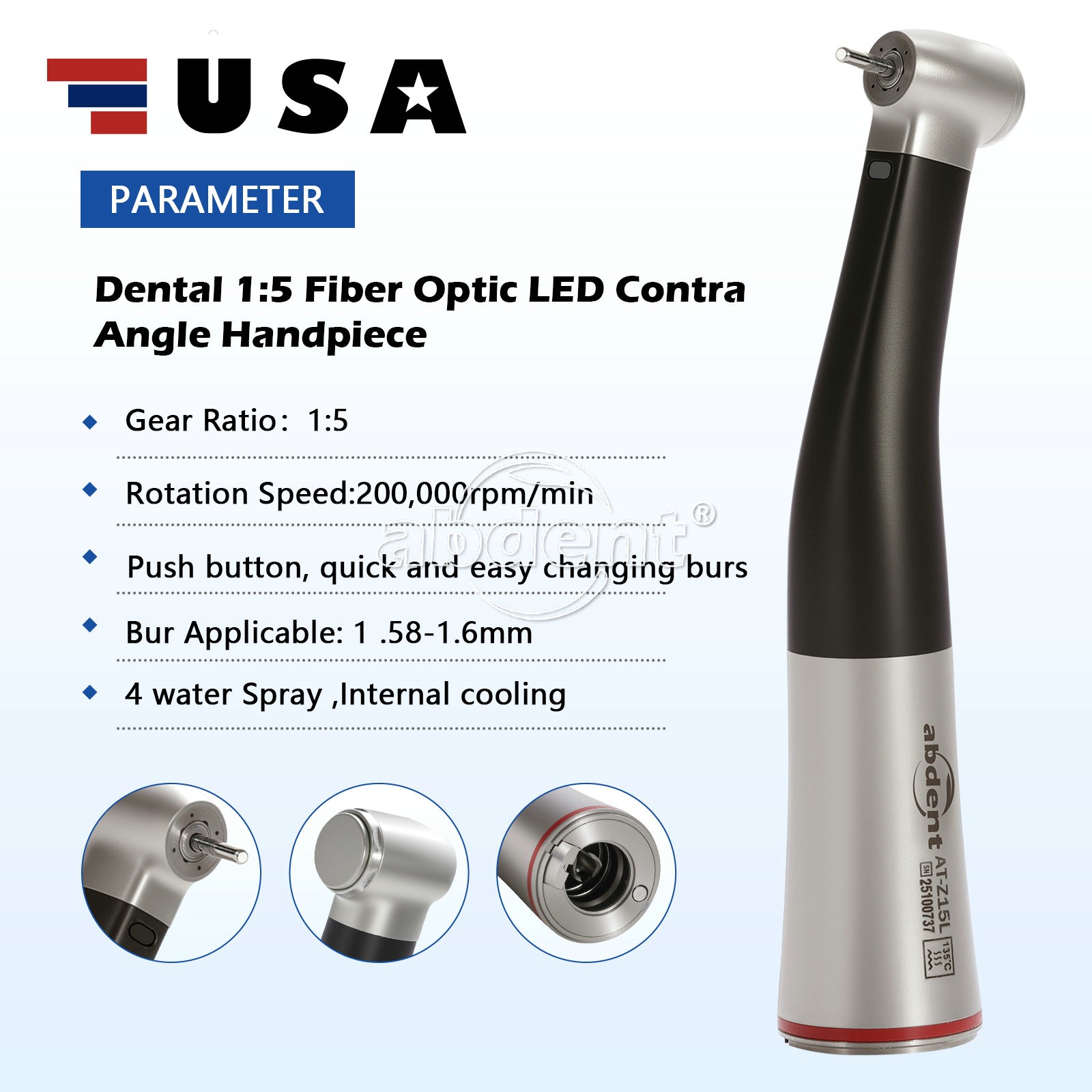 Dental 1:5 Increasing High Speed Fiber Optic LED Contra Angle Handpiece abdent