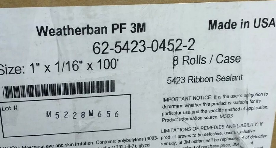 (2) Rolls 3M PF-5423 Weatherban Ribbon Sealant 1″ x 1/16″ x 100′ ea 62542304522
